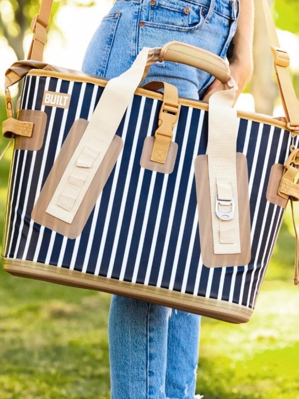 BUILT Navy Stripe Insulated Cooler Tote | Beach + Picnic Bag